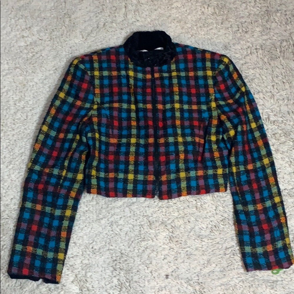VINTAGE 80s 90s TAHARI Cropped Multicolored Checkered Blazer - Picture 2 of 3